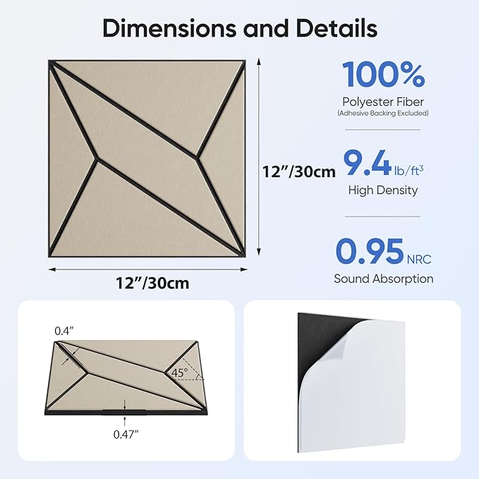 12 Pack 12" X 12" X 0.47" Acoustic Panels for Wall Sound Absorbing, Dual-Color P-Stripes Square Self-Adhesive Sound Panels, High Density Suitable for Multiple Scenarios(Black+LightBrown)