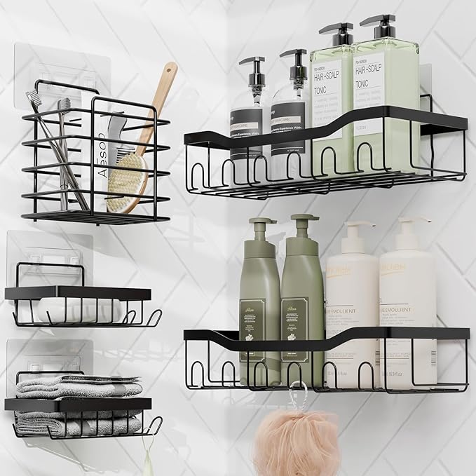 Clara Clark Bathroom Set - Teal Bathroom Accessories Set, 6PC Bathroom Accessory Set, Bathroom Sets with Adhesive Corner Shower Caddy Hanging, Toilet Brush, Trash Can & Soap Dispenser