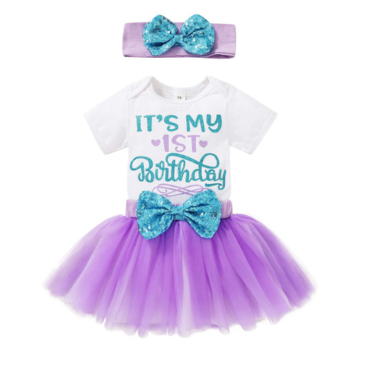 YOUNGER TREE Newborn Baby Girls My 1st Birthday Dress Infant Shiny Printed Sequin Bowknot Tutu Princess Dress (White, 12-18 Months)