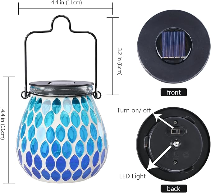 Bshine Mosaic Solar Lantern Outdoor Hanging Waterproof, Blue Mosaic Light Indoor Decorative Table, Garden Decor for Yard Outside, Path, Courtyard, Lawn, Birthday Gift for Mom Women Gardening, Antique