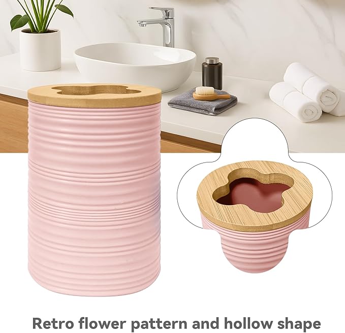 Bathroom Accessories Set 4 PCS, Bamboo Bathroom Accessory Set Includes Soap Dish, Soap Dispenser, Toothbrush Holder, Toothbrush Cup, Bathroom Sets Accessories, Boho Bathroom Decor(Light Pink)