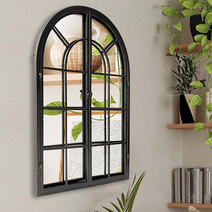 ironsmithn Arched Window Mirror, 36"x24" Grid Mirrors, Windowpane Mirror, Black Metal Arch Mirrors for Decor Living Room Fireplace Entryway Bedroom Hallway