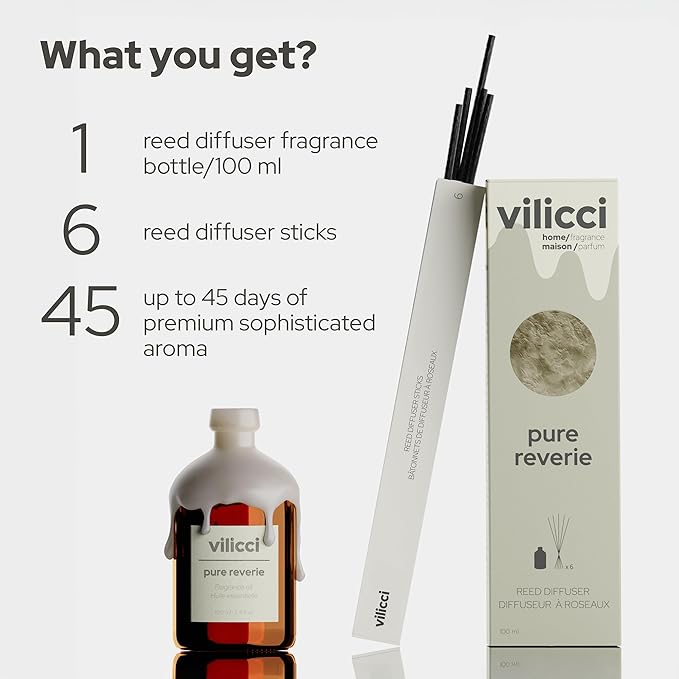 Vilicci Reed Diffuser, Pure Reverie Scent, Strong Home Air Freshener, Long-Lasting Aroma Diffuser for Home and Office Decor, Vegan, Cruelty-Free Oil Ingredients, 3.4 oz (100ml)