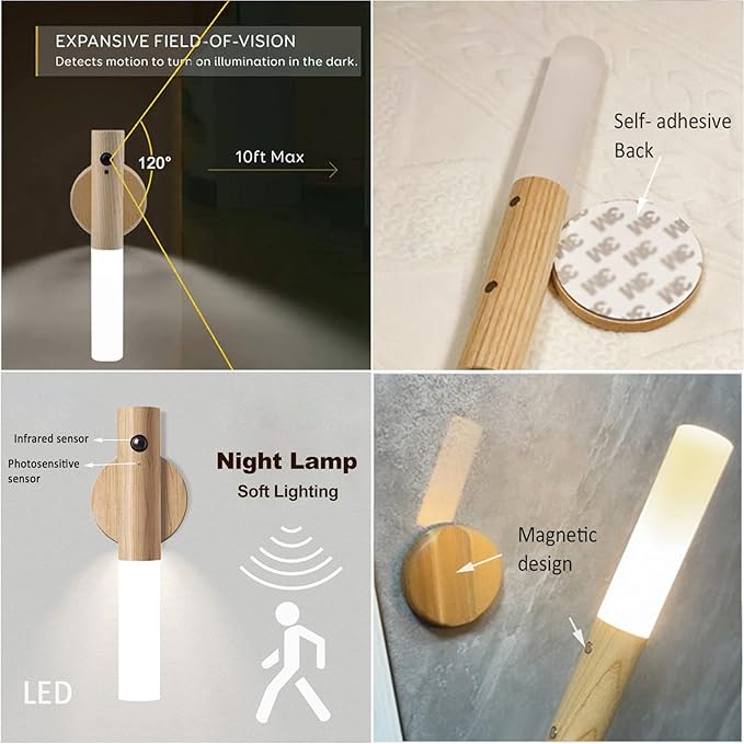 Rechargeable Battery Night Light Motion Sensor Set of 2 LED Wall Lights with 3-Modes Switch Wireless Portable USB Wall Sconces Mini Wood Stick Magnetic Lamp for Bedroom Bathroom Aisle Stairs