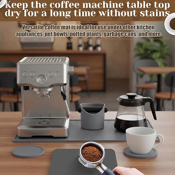 9 Pcs Espresso Knock Box Kit 18.9" x 11.8" Grey Silicone Coffee Mat Espresso Tamping Mat with Coffee Station Organizer Removable Rod 6 Coasters Under Machine Accessories Set for Home Barista
