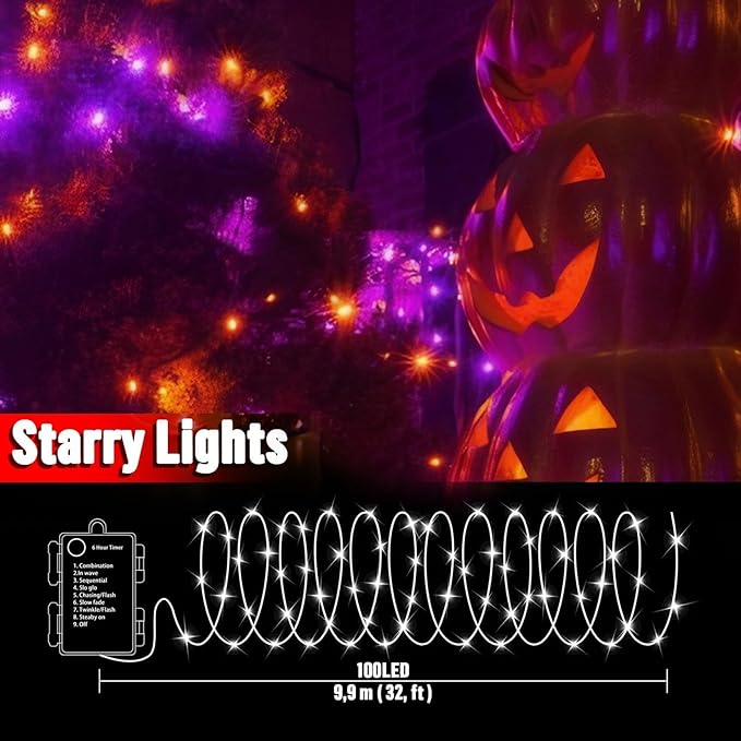 33Ft 100 LED String Lights, Orange & Purple Fairy Lights Battery Operated with Remote, Waterproof Twinkle Lights for Home Party Ghost Haunted House Indoor Outdoor Halloween Decorations
