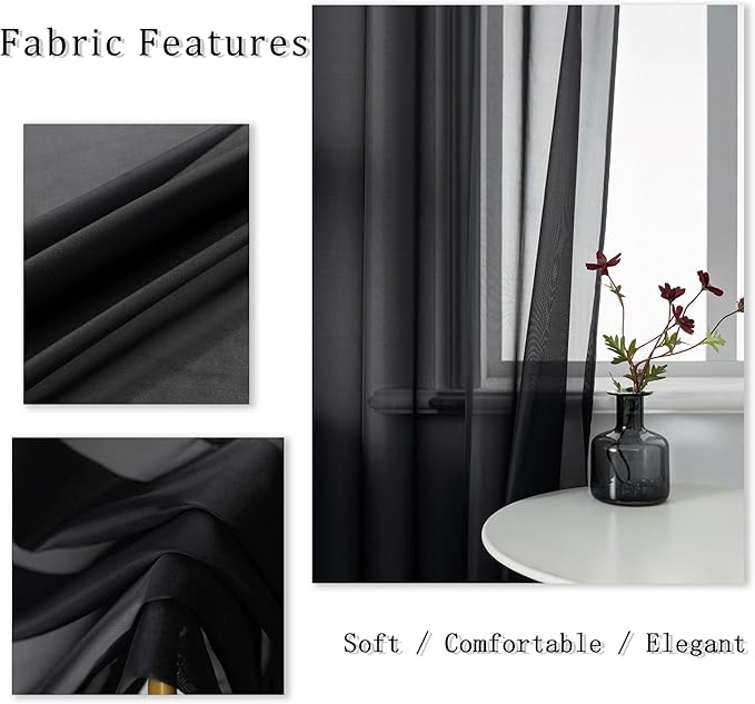 DUALIFE Black Sheer Curtains 54 Inch Length for Basement Windows Set of 2 Panels Grommet Semi Translucent Short Curtains for Small Windows Kitchen Bedroom Bathroom 52x54 Inches Long