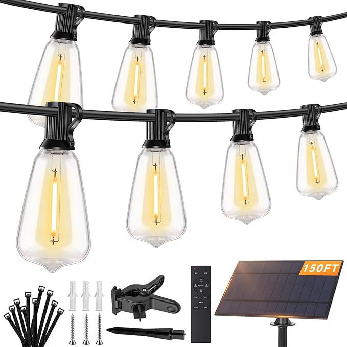 Brightever 150FT Solar String Lights Outdoor Waterproof with Remot, 55+2 Shatterproof ST38 LED Bulbs, Dimmable & 3 Lighting Modes, Warm White Solar Patio Lights for Balcony, Deck, Wedding