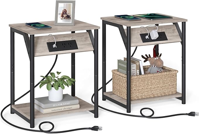 VASAGLE End Table with Charging Station, Set of 2, Small Side Tables for Living Room, Bedroom, Nightstand with Outlets and USB Ports, Bedside Table with Storage Shelf, Heather Greige and Black