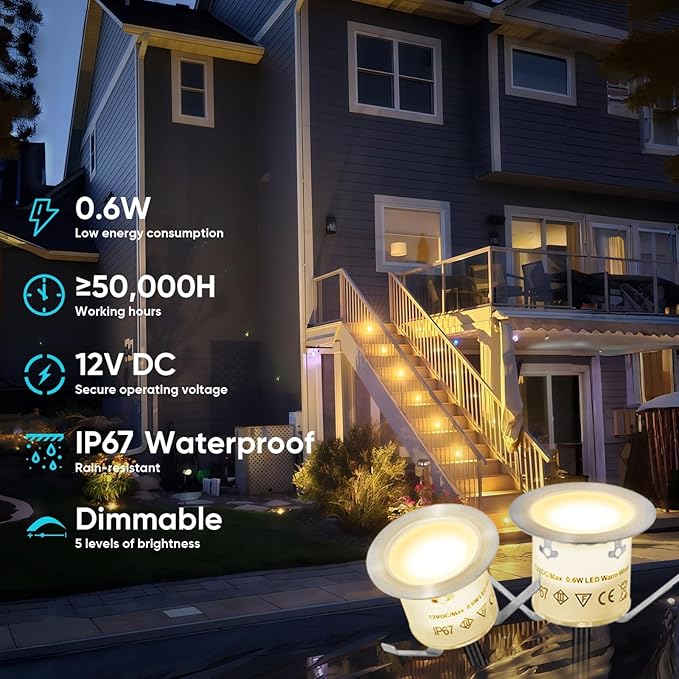 20 Pack Dimmable Recessed Deck Stair Lighting All-in-one with Timer Photocell Sensor Transformer Low Voltage LED Step Riser Lights IP67 Waterproof φ1.26 12V Warm White Patio Kit Decorations