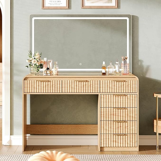 47“Makeup Vanity Desk with 44.8" Mirror and Lights, Vanity Desk with 7 Drawers, Makeup Vanity Table with a Glass Tabletop, 3 Color Modes & Adjustable Brightness Dressing Table, Bedroom,Oak
