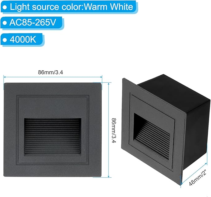 PATIKIL 4000K LED Step Light, 4 Pack 3W 120V Recessed Stair Light Aluminum Waterproof 105lm Warm White Stairway Lights Indoor Outdoor, Black Shell