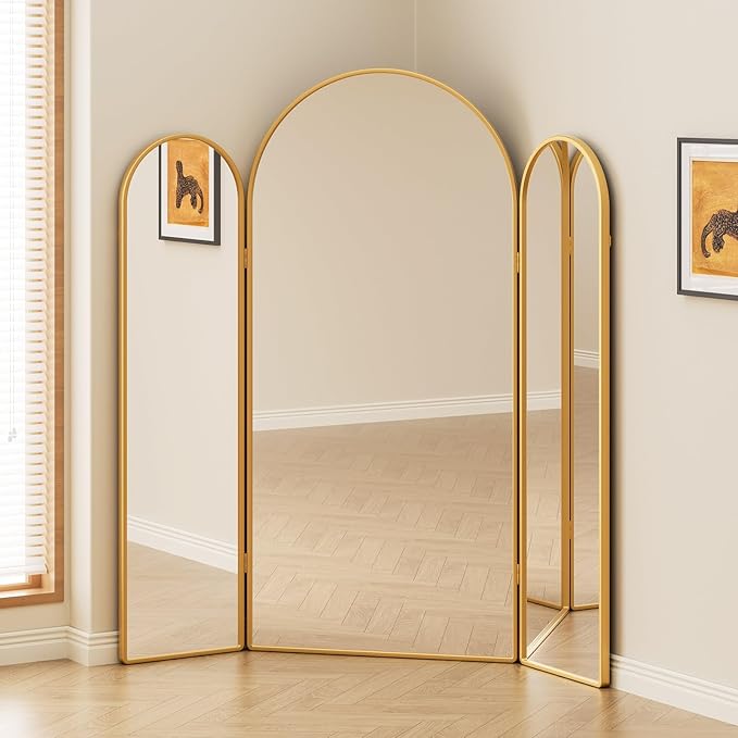 3 Way Arched Full Length Mirror Free Standing, 71"x 67" Large Modern Trifold Mirror, 3-in-1 Detachable Panel Tempered Glass & Metal Frame, for Dressing Room, Bridal Shop,Clothing Store (Gold)