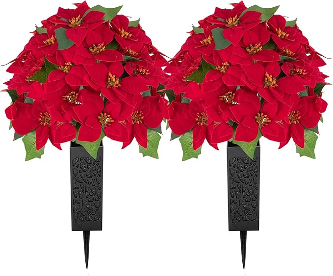 Christmas Cemetery Flowers for Grave: 2 Pcs Artificial 24 Heads Large Red Velvet Poinsettia Bouquets with Vases for Outdoor Grave Decorations
