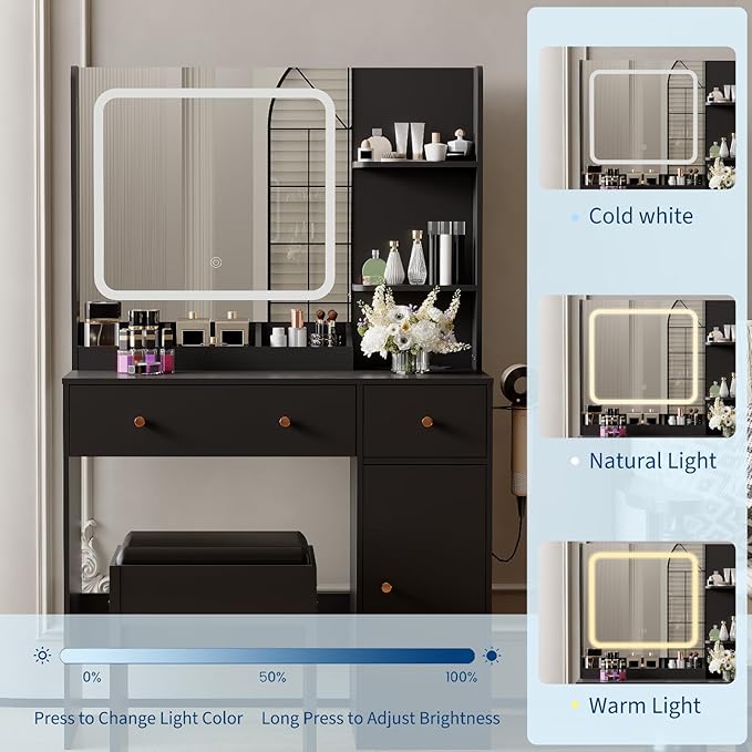 Vanity Desk with Mirror and Lights,Power Outlet,Makeup Vanity Table Set with Storage Drawers Shelves Cabinet& Chair,3 Lighting Modes & Adjustable Brightness,Dressing Table for Bedroom