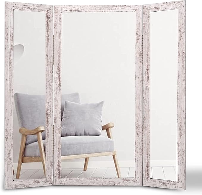 Houseables Full Length Mirror, Trifold Body Mirrors, 71x32-65 Inch, White, Extra Large, Oversized, 360, 3-Way, Standing Floor, Wood Framed, Farmhouse, Rustic, 3 Sided for Bedroom, Dressing, Makeup