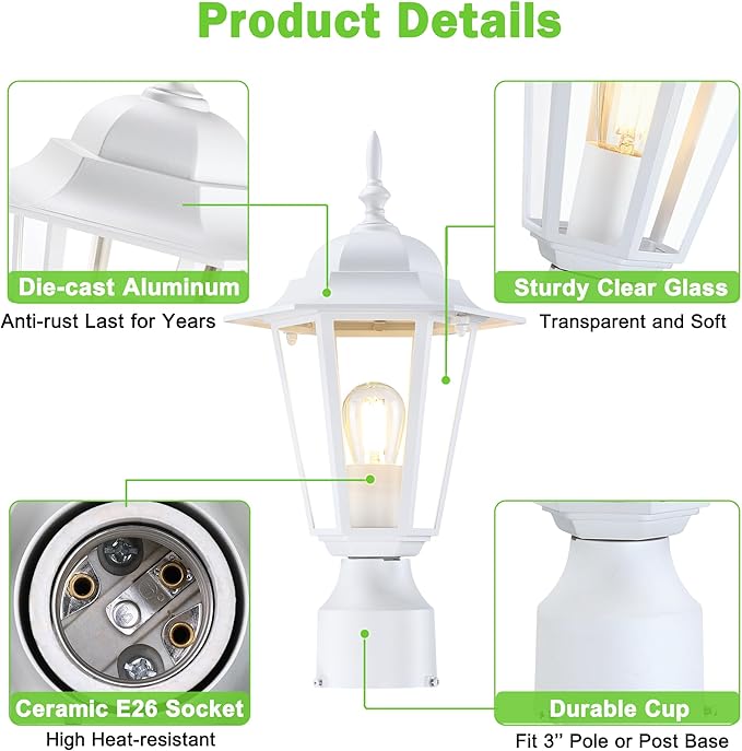Outdoor Post Light, Pole Lantern, Waterproof Die-Cast Aluminum Pole Light Fixture with Glass, Exterior Post Lamp for Garden Yard Patio Pathway, Matte White, 2-Pack