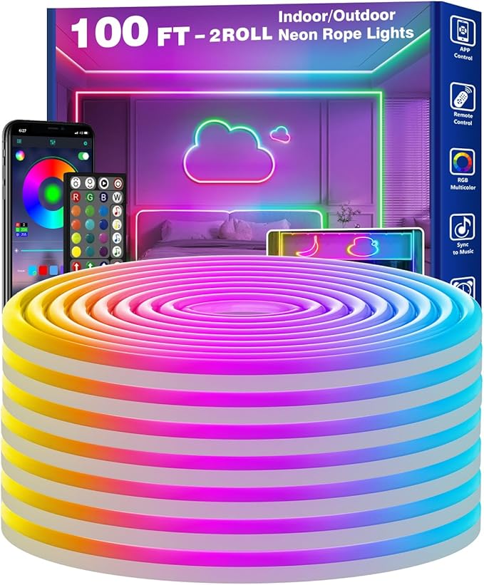 100FTNeon Rope Lights,Flexible Led Rope Lights Control with App/Remote,Multiple Modes Rope Lights,IP65 Outdoor RGB Led Neons Light Waterproof
