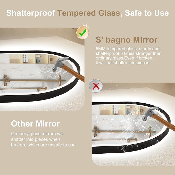S'bagno 24x36 Arched Black LED Mirror for Bathroom with Frontlit & Backlit, LED Bathroom Mirror with Metal Frame, Anti-Fog, Stepless Dimmable, 3 Color Temperature Vanity Mirror