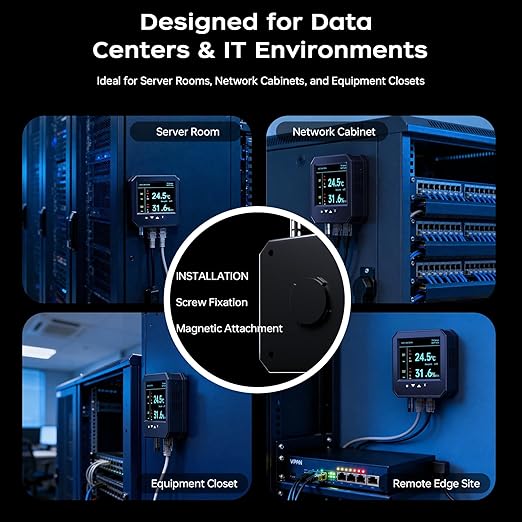 Ethernet Server Room Temperature Monitor, PoE Server Rack Temperature Humidity Sensor with Web Interface, SNMP Modbus MQTT Support, Dual Power, IP55, Data Logging, Alarm & Relay Output
