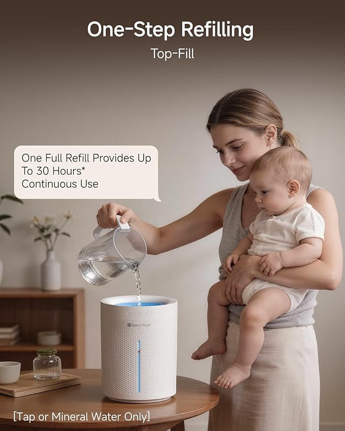 SP SpacePlayer Cordless Humidifier for Bedroom, 3L Top Fill Cool Mist Ultrasonic, 4000mAh Wireless Portable, Quiet 23dB, Auto Shut-Off, Timer, BPA Free, Easy Clean, for Baby Nursery Plants Home Office