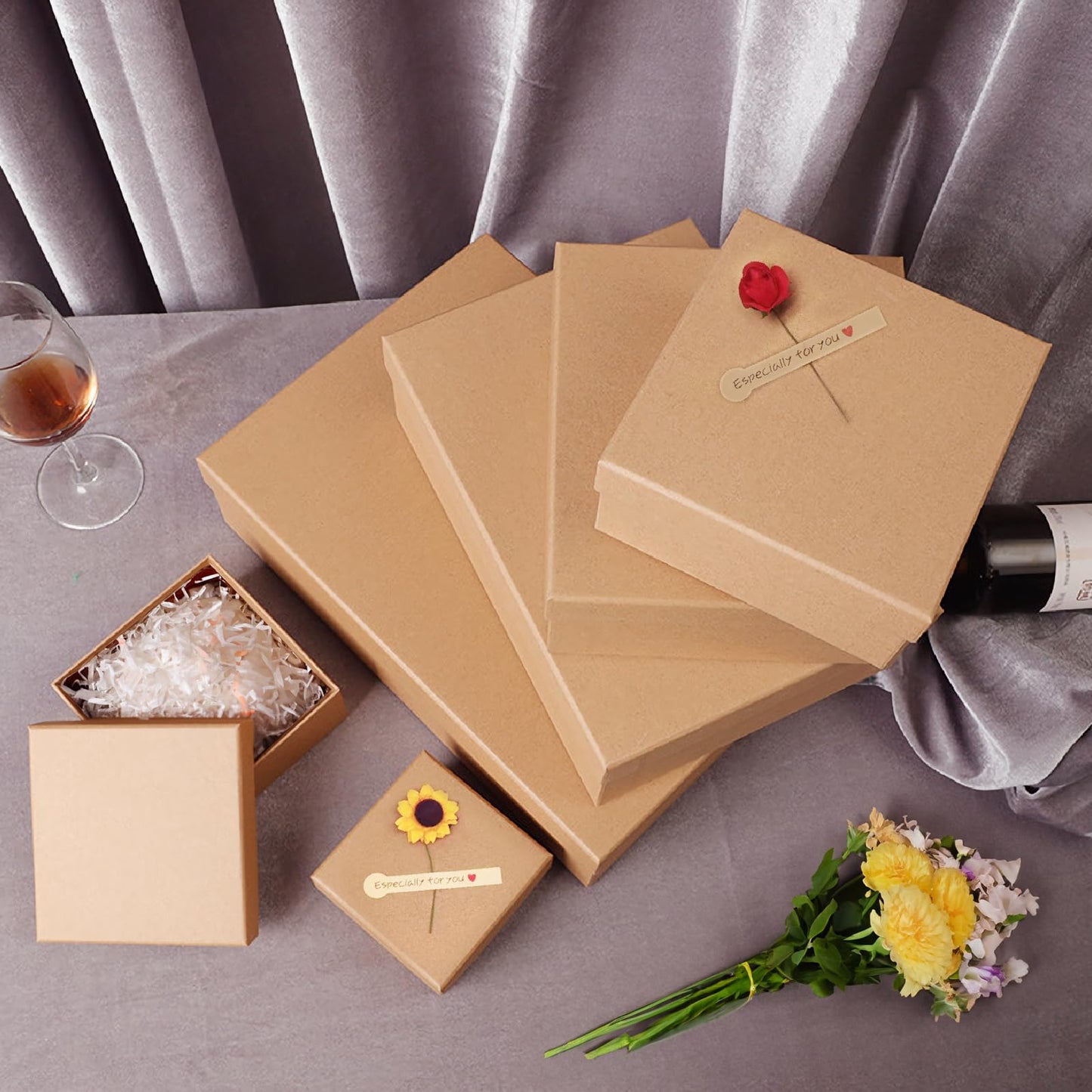 Giftilious Gift Boxes with Lids for Presents, Set of 6 Empty Gift Boxes, Natural and Rustic Kraft Gift Wrap Boxes, Versatile Gift Box for Christmas,Birthday, Anniversaries, Weddings and Any Occasion