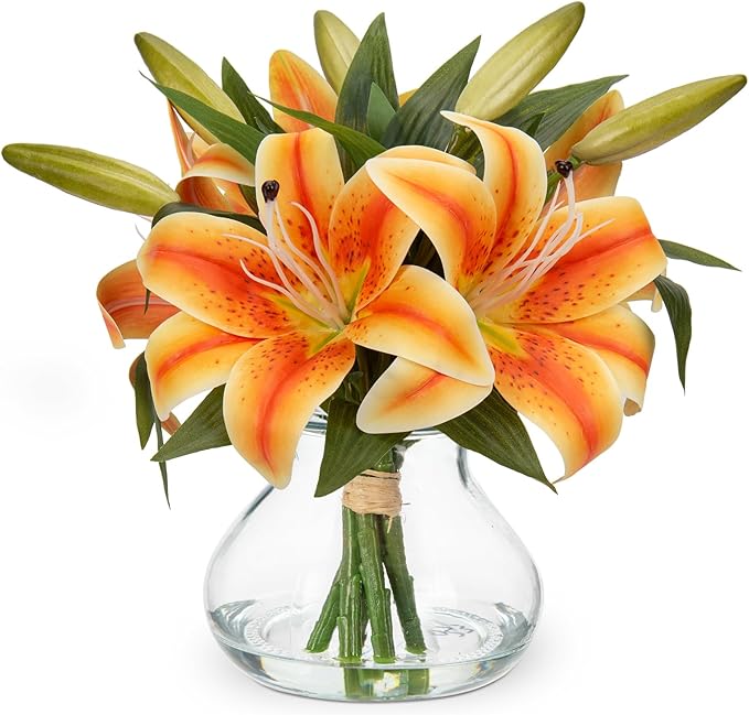 Hollyone Tiger Lily Fall Flowers Artificial for Decoration in Vase Real Touch Orange Autumn Silk Faux Flowers Arrangements with Glass Vase with Fake Water Lily Centerpiece Fall Decorations for Home