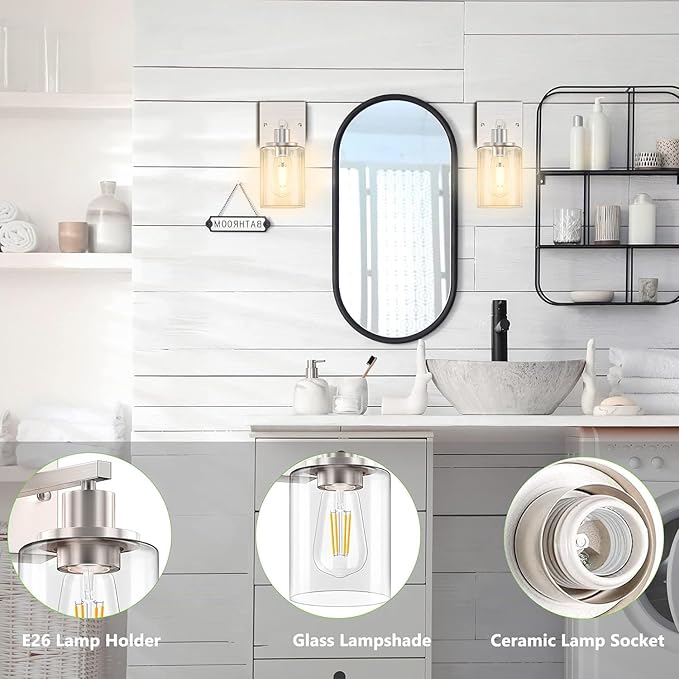 Licperron Wall Sconces Set of Two, Brushed Nickel Modern Wall Sconces Lighting with Clear Glass Shade, Industiral Bathroom Vanity Light Fixtures, Farmhouse Wall Lamp for Bedroom Mirror Living Room