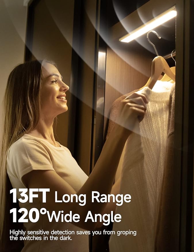 Under Cabinet Lights, Rechargeable Battery Operated Lighting, Wireless Motion Sensor Light Indoor,4 Modes Night Light, Stick-On Magnetic Closet Lights for Kitchen, Hallway(2 Pack 62LED Warm Light)