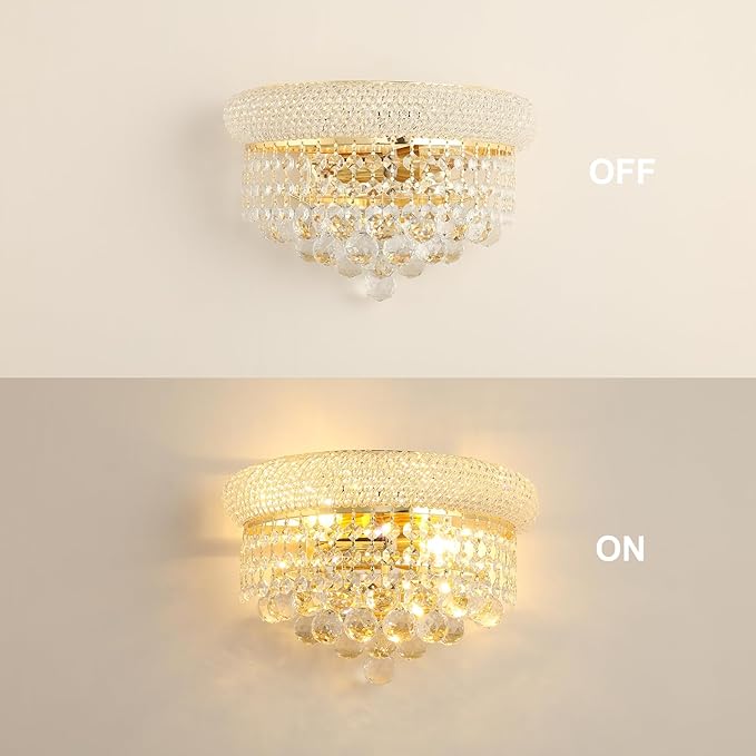 2-Lights Empire Crystal Wall Sconce Light for Living Room Dining Room Bathroom Vanity Mirrors Hallway Bedroom Closet Stairway (Gold)