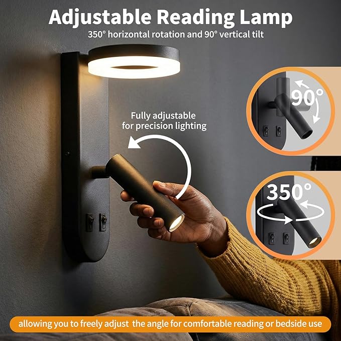Wall Mounted Reading Lights for Bedroom - Independent Switch, 350° Adjustable Bedside Lamps Set of 2, Hardwired Installation LED Wall Sconces for Living Room, Study Room (Black, 8.65")