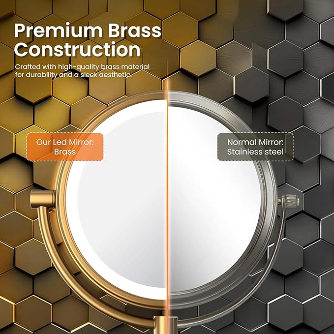 KIBI Circular Wall Mount Makeup Mirror with LED Lights, Dual-Sided 1x/5x Magnifying Mirror with Adjustable Arm, 360° Swivel, Solid Brass Construction for Durability and Style (Brushed Brass, KMM101)