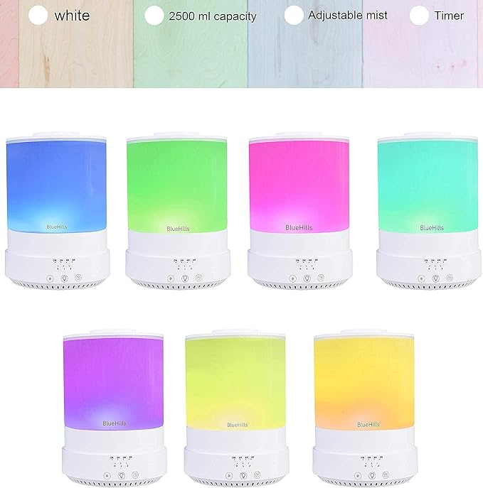 BlueHills Premium Set of 2 2500 ML Large Essential Oils Diffusers for Big Rooms High Mist Output XL Capacity Adjustable Cool Mist Great Gift – Value Pack of 2 White and Decorative Design
