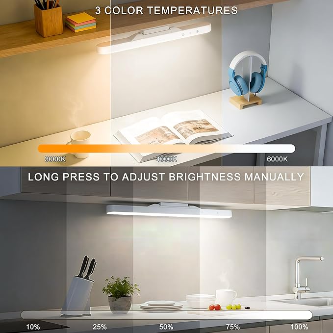 4W Dimmable Mirror Lights, Magnetic Rechargeable LED Light Bar, Wireless Stick on Closet Lights for Kitchen, Pantry, Wardrobe, Vanity Mirror，Gun Safe, Modern Battery Powered Night Light（2pcs）