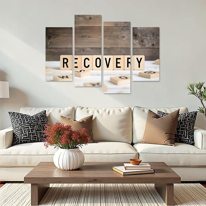 Canvas Wall Art Prints Pictures Recovery from wooden letters Framed Posters Modern Wall Painting Artwork Gift Home Decor for Living Room Ready to Hang 4 Panel