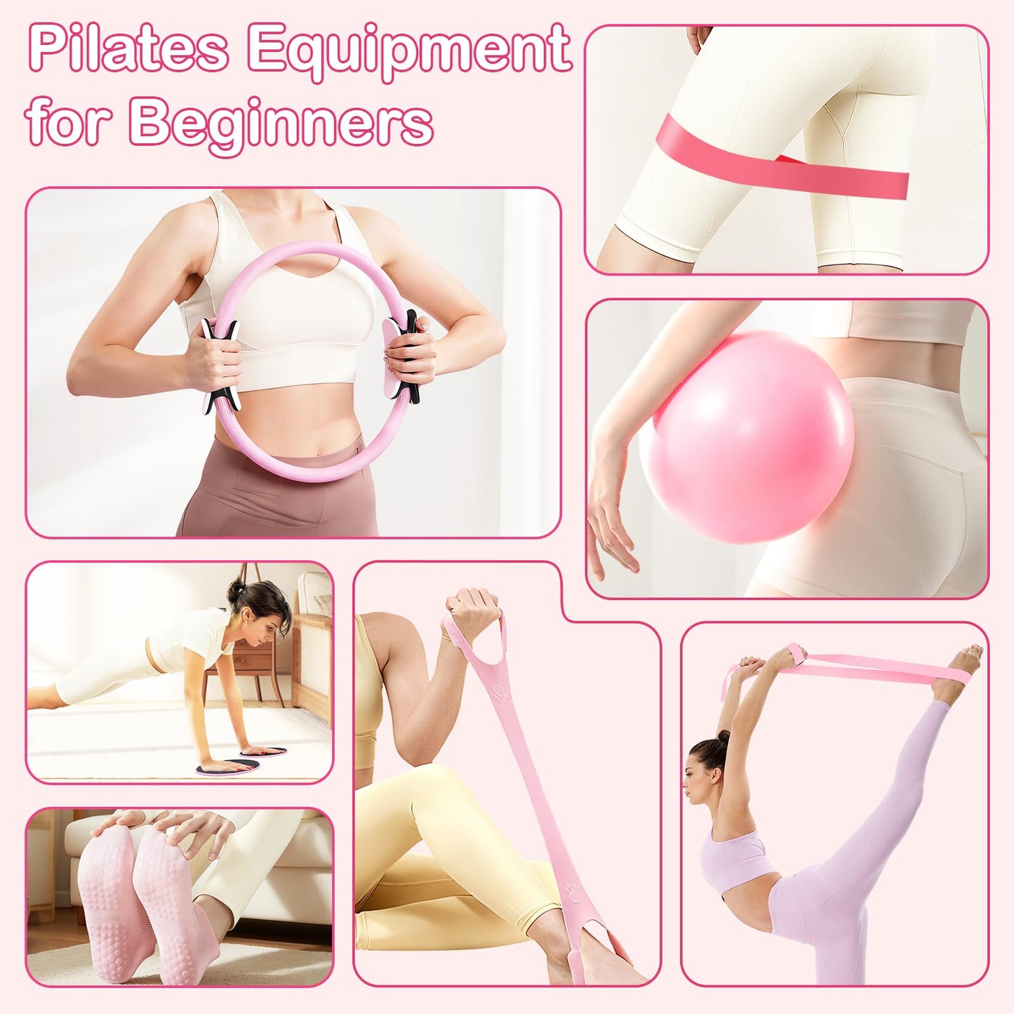 Hoedia Pilates Kit for Women, Pilates Equipment Ring and Ball Set with Resistance Bands, Yoga Strap, Core Sliders, Socks, Bag & Guide for Starter Home Workout Fitness Gym Essentials, Pink