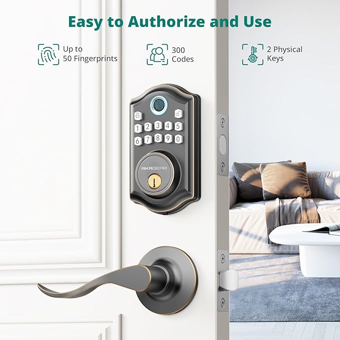 DS10 Keyless Entry Door Lock with 2 Lever Handle, Fingerprint, Keypad Code, 2 Keys, Smart Locks for Front Door, Bedroom, One-time Code, Auto-Lock, Easy Installation - Oil Rubbed Bronze