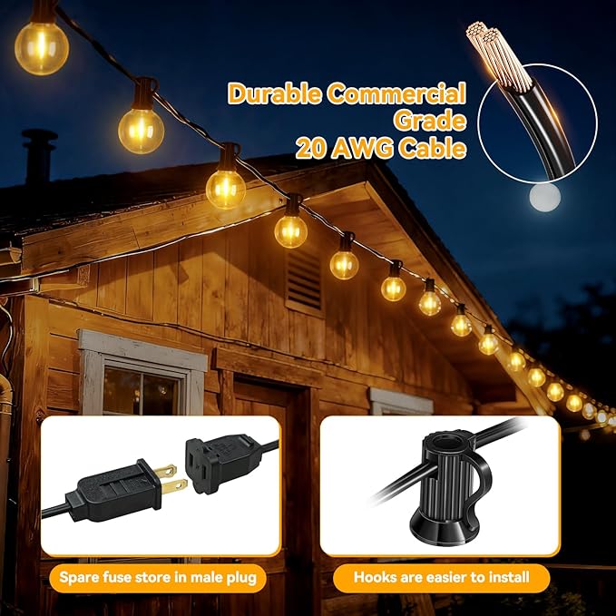 Ollny 50FT Outdoor String Lights, Waterproof Connectable Shatterproof Patio Lights with 25+2 G40 Edison Bulbs Plug in，Outdoor Hanging Light for Backyard, Porch, Deck, Garden, 2700K