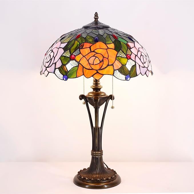 Tiffany Table Lamp Orange Purple Stained Glass Desk Lamp 16X16X24 Inches Rose Flower Style Reading Light