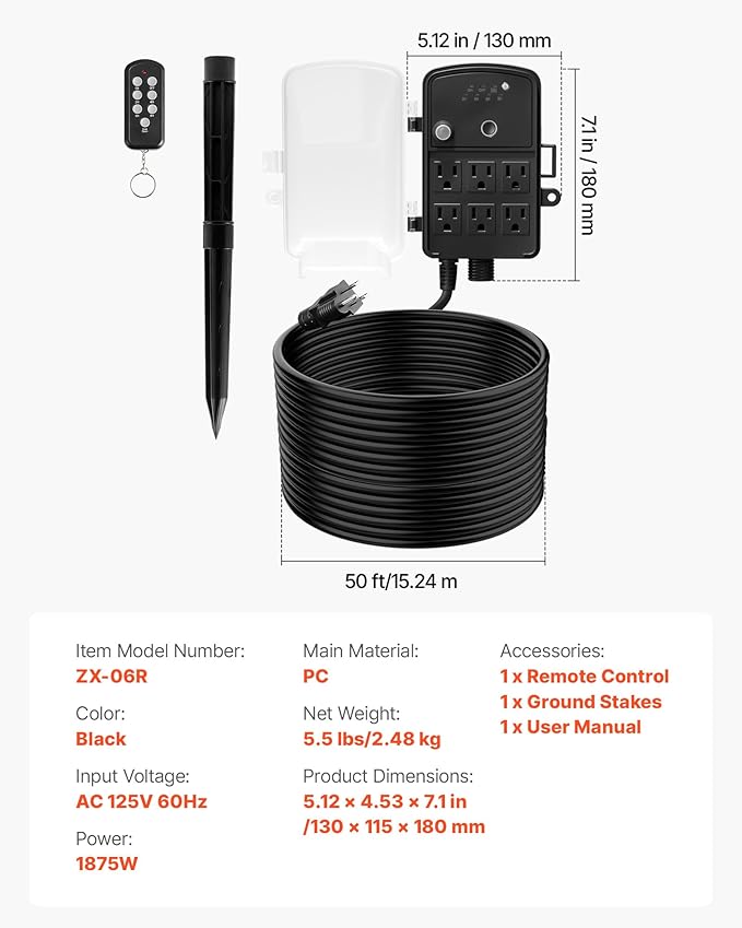 VEVOR Outdoor Power Stake Timer, 50FT Extension Cord, Remote Control Outdoor Power Strip with Cover, Dusk to Dawn Light Timer Waterproof, 6 Outlets for Halloween Christmas Lights, Garden Decorations