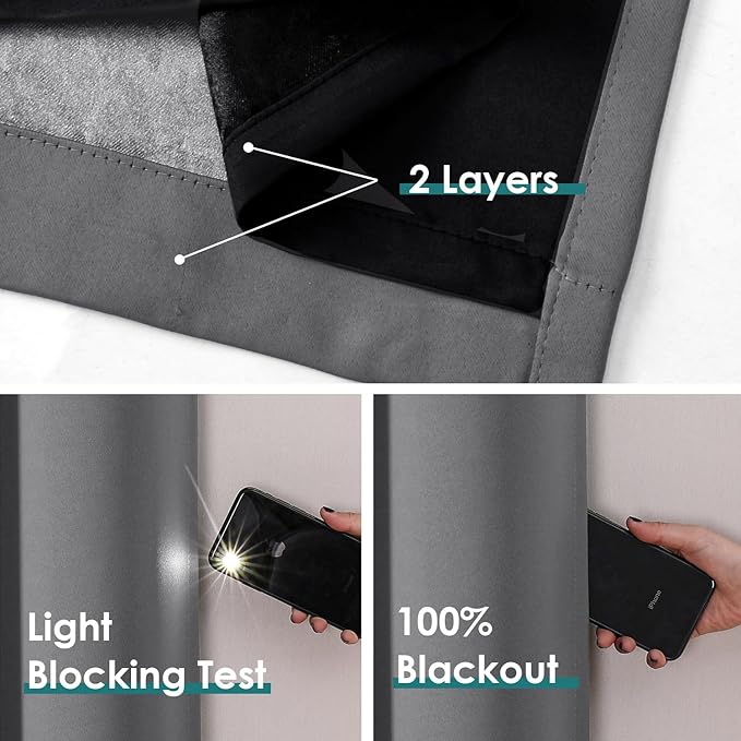 ChrisDowa 100% Blackout Curtains 84 inch Long for Bedroom with Black Liner, 2 Thick Layers Total Blackout Thermal Insulated Grommet Window Curtains 2 Panels Set (Grey, 38 x 84 Inch)