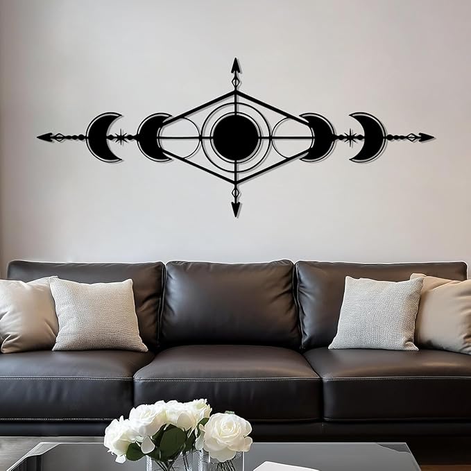 Hfrolixit Moon Phase Metal Wall Decor, Boho Moon Metal Wall Art, Celestial Wall Decor, Scandinavian Natural Wall Art, Astrology Wall Hanging (White, 35"x14"/90x36cm)
