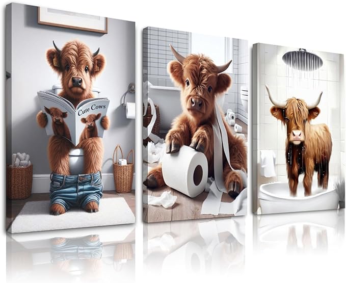 Funny Highland Cow Wall Art,Western Bathroom Decor Wall Art,Funny Bathroom Artwork Ready to Hang for Bedroom Restroom Toilet,12x16inchx3pcs,Framed