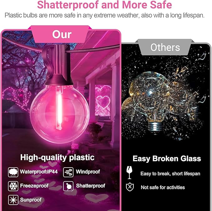 LAMPHOME 4 Pack 26FT Pink G40 LED Outdoor String Lights, Valentine's Day Decor with 13 Shatterproof Globe Bulbs, Waterproof Hanging Patio Lights or Balcony Backyard Garden Wedding Party Home Decor