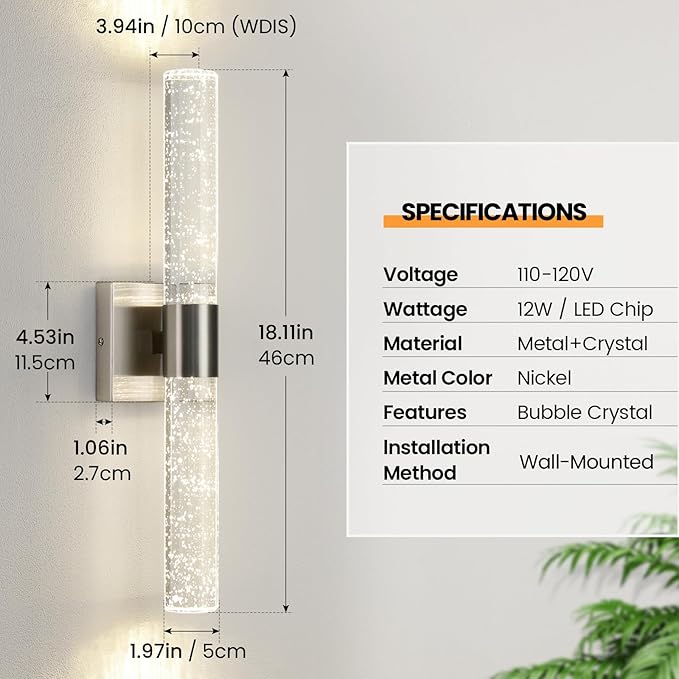 Modern LED Wall Sconces Set of Two - 4000K Dimmable Crystal Bathroom Sconces Wall Lighting Indoor Brushed Nickel Vanity Light Fixture Wall Mount Wall Lights for Bedroom Living Room,18 Inch