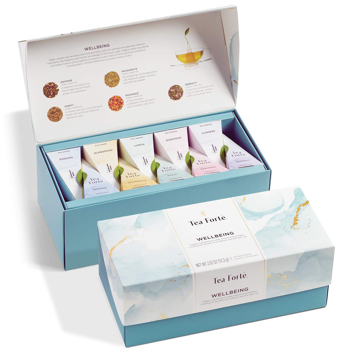 Tea Forte Wellbeing Assorted Presentation Box Tea Gift Set, 20 Count, 2 of Each Variety Individually Wrapped Handcrafted Pyramid Infuser Bags