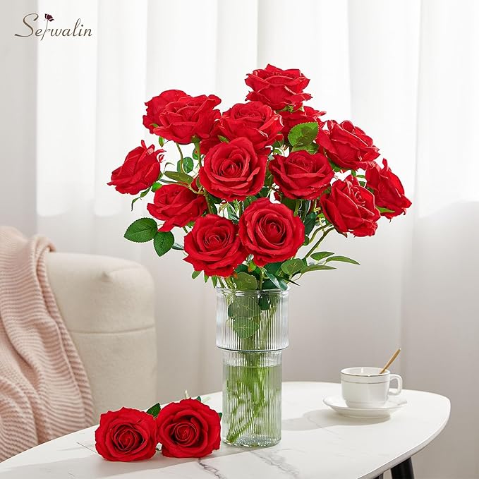 Serwalin 20Pcs Artificial Bright Red Roses, 4''Big Velvet Flower Head Fake Roses, Real Touch Silk Roses, Long Stems Realistic Roses Bouquet for Wedding Table Centerpiece and Home Decor