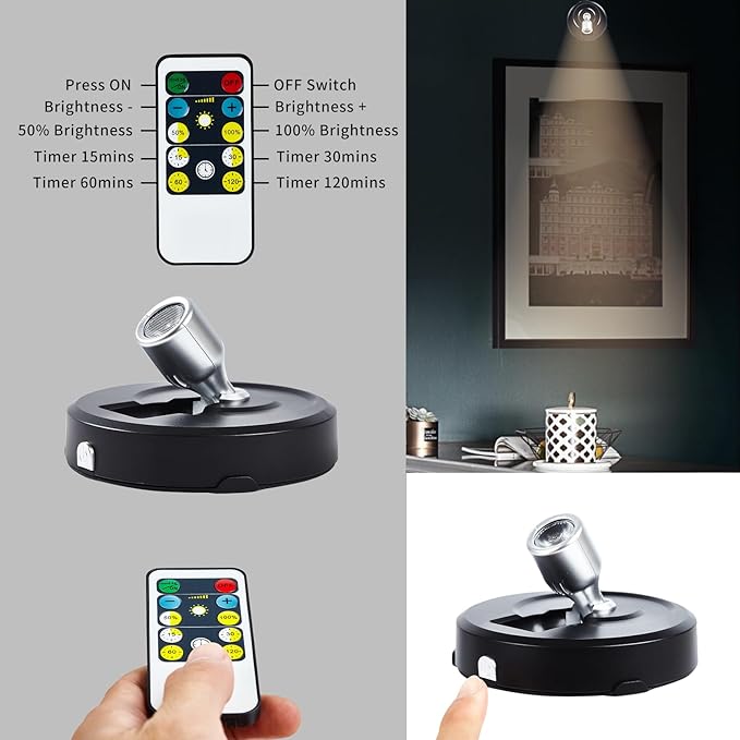 2-Pack LED Spotlight Battery Operated Picture Lights,Puck Lights with 2 Remote,Dimmable Stick Spot Lights with Timmer for Wall Painting Dartboard