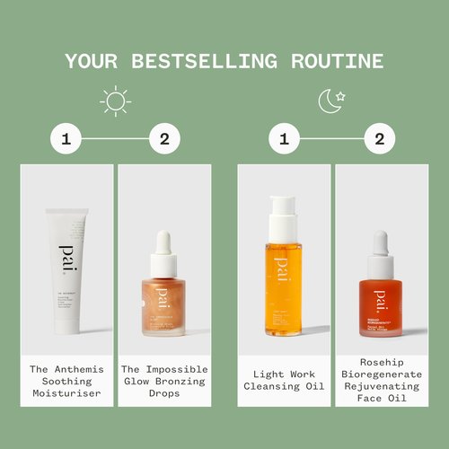 Pai Skincare - Try Pai Kit | Light Work Cleansing Oil (28ml) + The Anthemis (10ml) + Bronzing Drops (10ml) + Rosehip BioRegenerate Overnight Oil (10ml) | Natural, Vegan, Sensitive Skin (4 Piece Set)