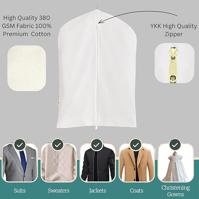 Garment Bag for Hanging Clothes – Organic Cotton Suit & Coat Cover with Zipper | Breathable Closet Organizer for Travel & Storage (Medium, 24"x40", Off-White)